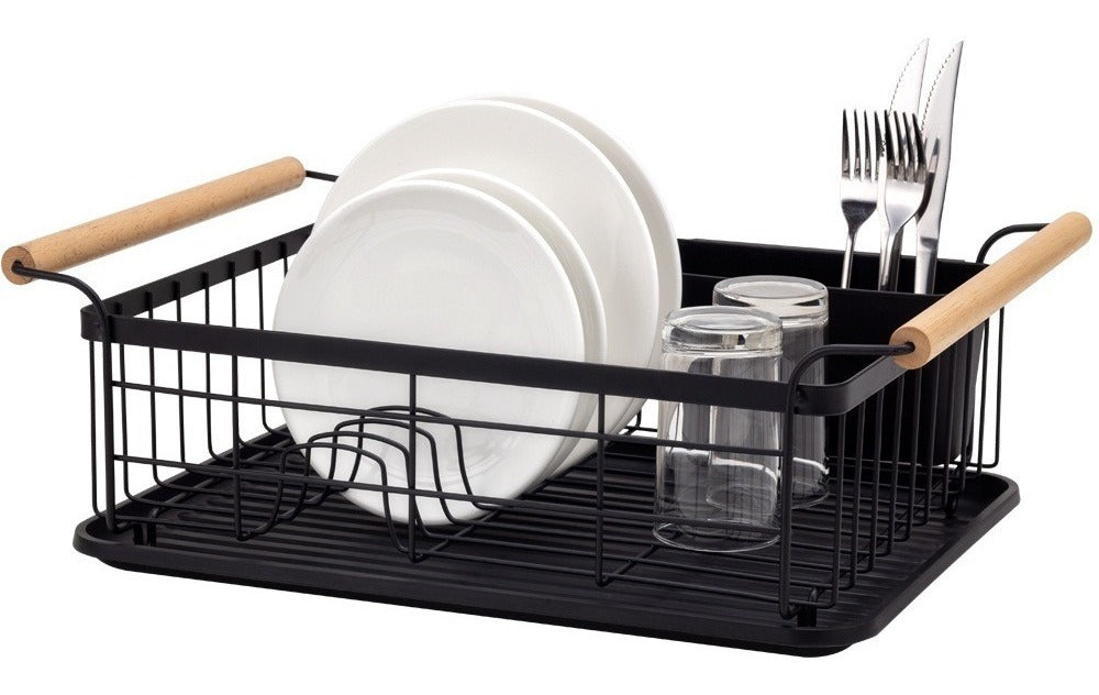 Escurridor seca platos acero negro madera